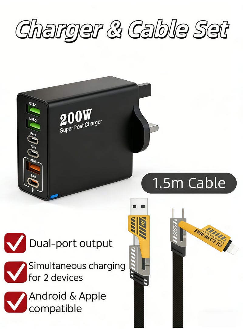 شو وو مجموعة شاحن وكابل، محول شاحن متعدد الوظائف فائق السرعة، شاحن حائط للهاتف المحمول، محول طاقة للسفر، 200 وات المملكة المتحدة، 6 منافذ، كابل 1.5 متر، PD QC 3.0 نوع C، تحكم ذكي في درجة الحرارة، متوافق مع iPhone 15/14/13 Pro Max، Samsung Galaxy S23/S22، iPad، OnePlus، Pixel، AirPods والمزيد (شاحن 200 واط وكابل 1.5 متر، أسود) - Image 1